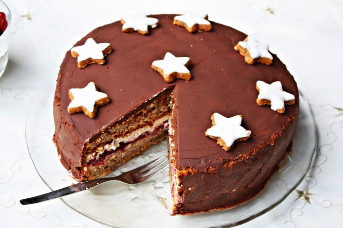 Winter Wonderland Cake with Marzipan, Mulled Cherries & Spiced Cream Cheese Frosting