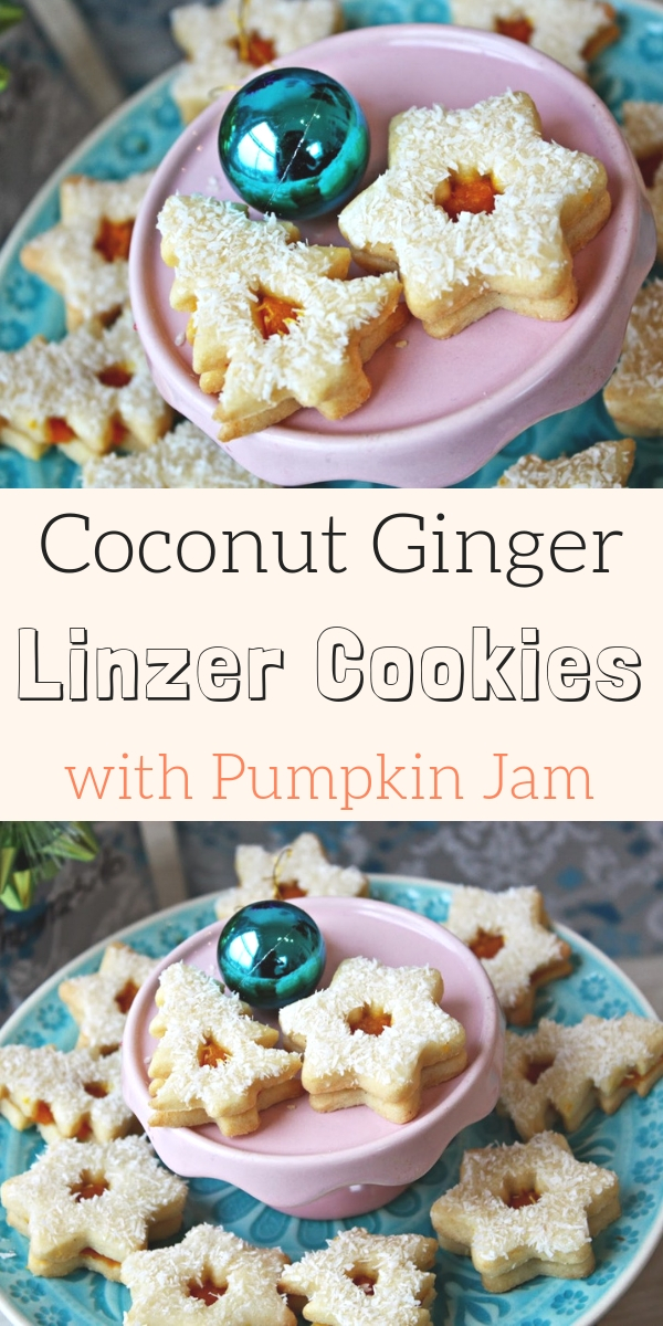 Coconut Ginger Shortbread Cookies with Pumpkin Jam These ginger Cookies with pumpkin jam filling and lime icing are an easy, exotic twist on German Linzer Cookies! #christmascookies, #linzercookies, #gingercookies, #pumpkinjam