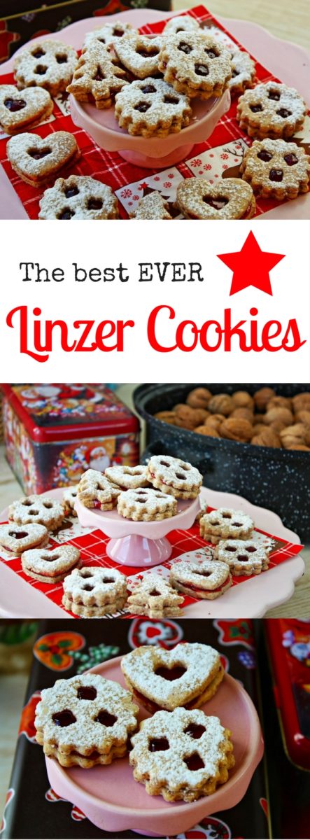 Austrian Linzer Cookies - this is the best recipe for traditional Linzer cookies - almond and hazelnut sandwich cookies filled with raspberry jam & dusted with powdered sugar #Christmascookies, #Austrian, #holidaybaking, #christmasbaking, #linzercookies, #traditionalchristmas