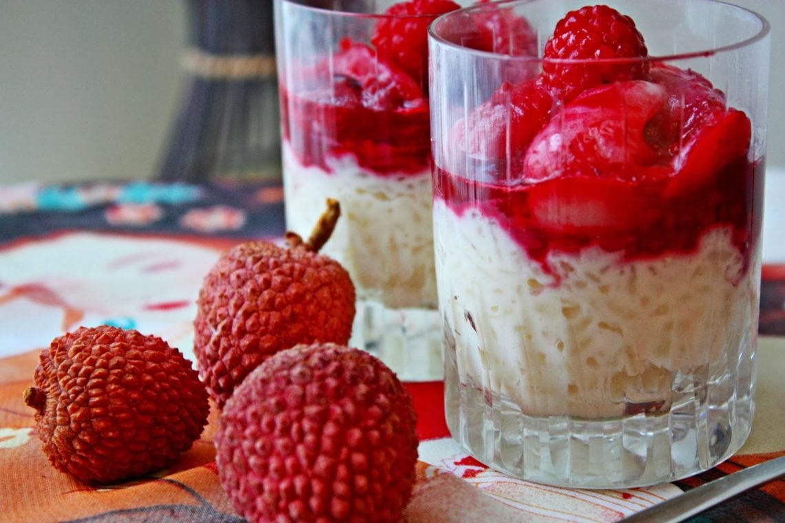 Cardamom and Rose Rice Pudding with Lychee and Raspberries