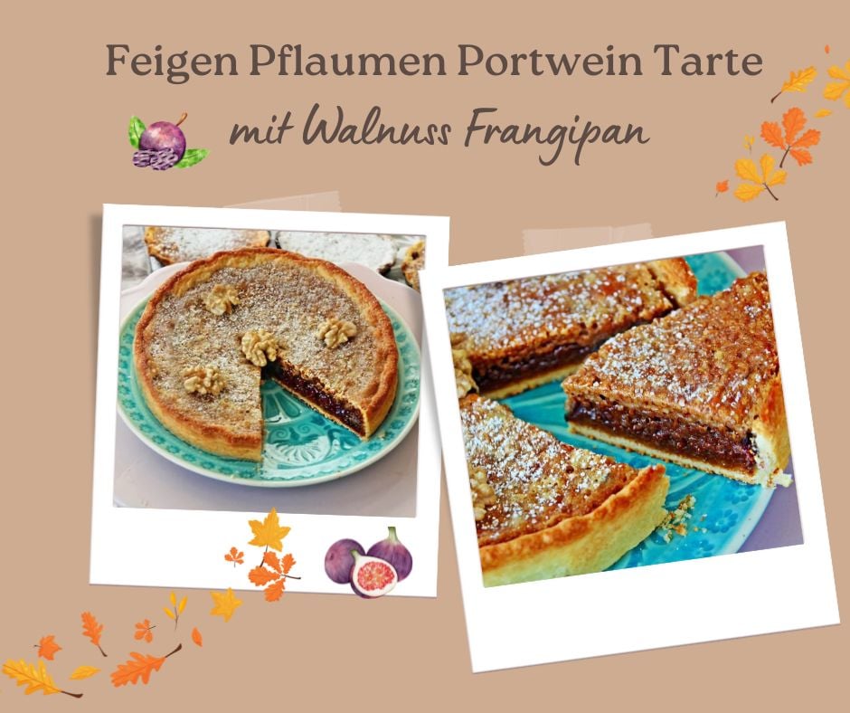 zwei bilder von einer feigen Pflaumen Tarte mit Walnuss Frangipane zu einer Kollage zusammengestellt