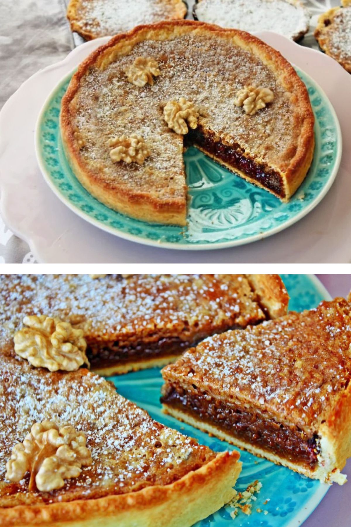 zwei fotos von einer herbstlichen feigen trockenpflaumen Tarte mit portwein und Walnuss Frangipane zu einer Kollage zusammengestellt