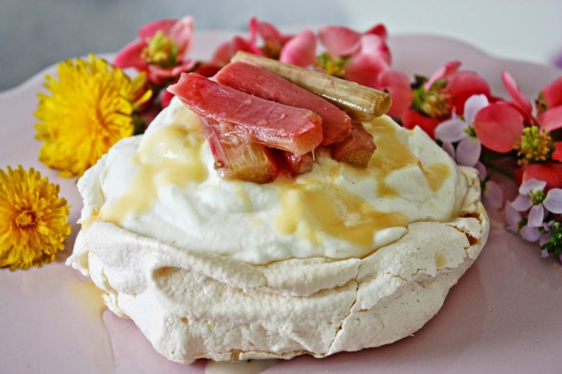 Mini Pavlovas with Rhubarb and Egg Liqueur Spiked Cream