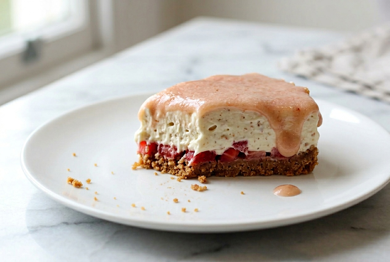 Quark Creme Schnitten ohne Backen mit Rhabarber CUrd bedeckt