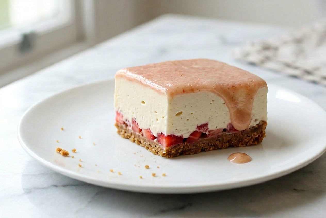 Rhabarber Curd Schnitten mit Keksboden und frischen ERDBEEREN auf einem Marmortisch
