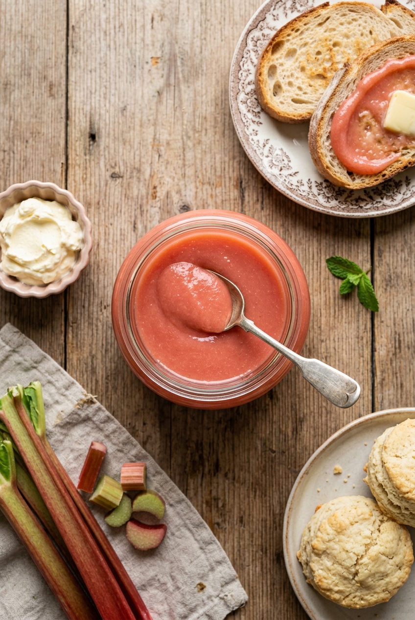 Rhabarber Curd in einem Glas mit Scones und Clotted Cream