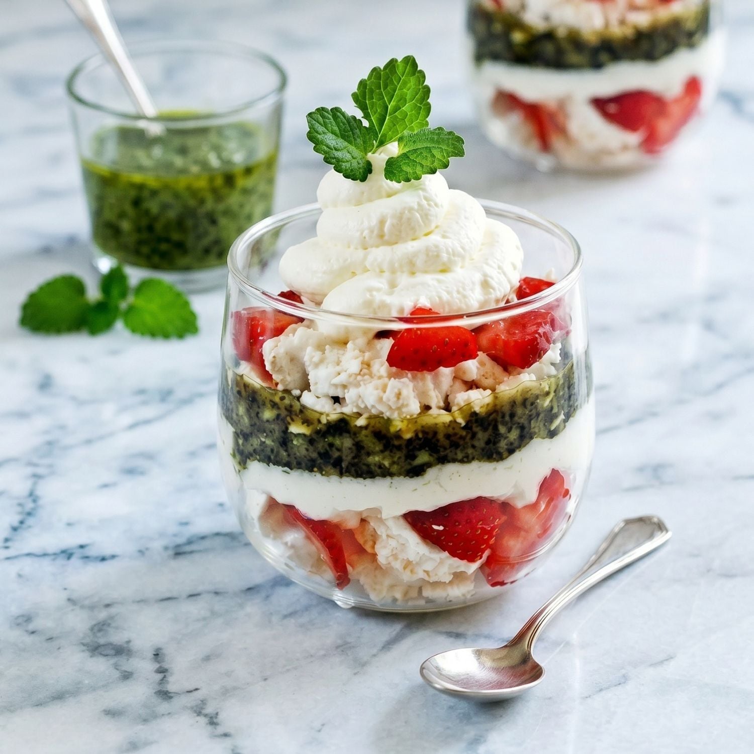erdbeer baiser desser im glas mit zitronenmelisse pesto geschichtet