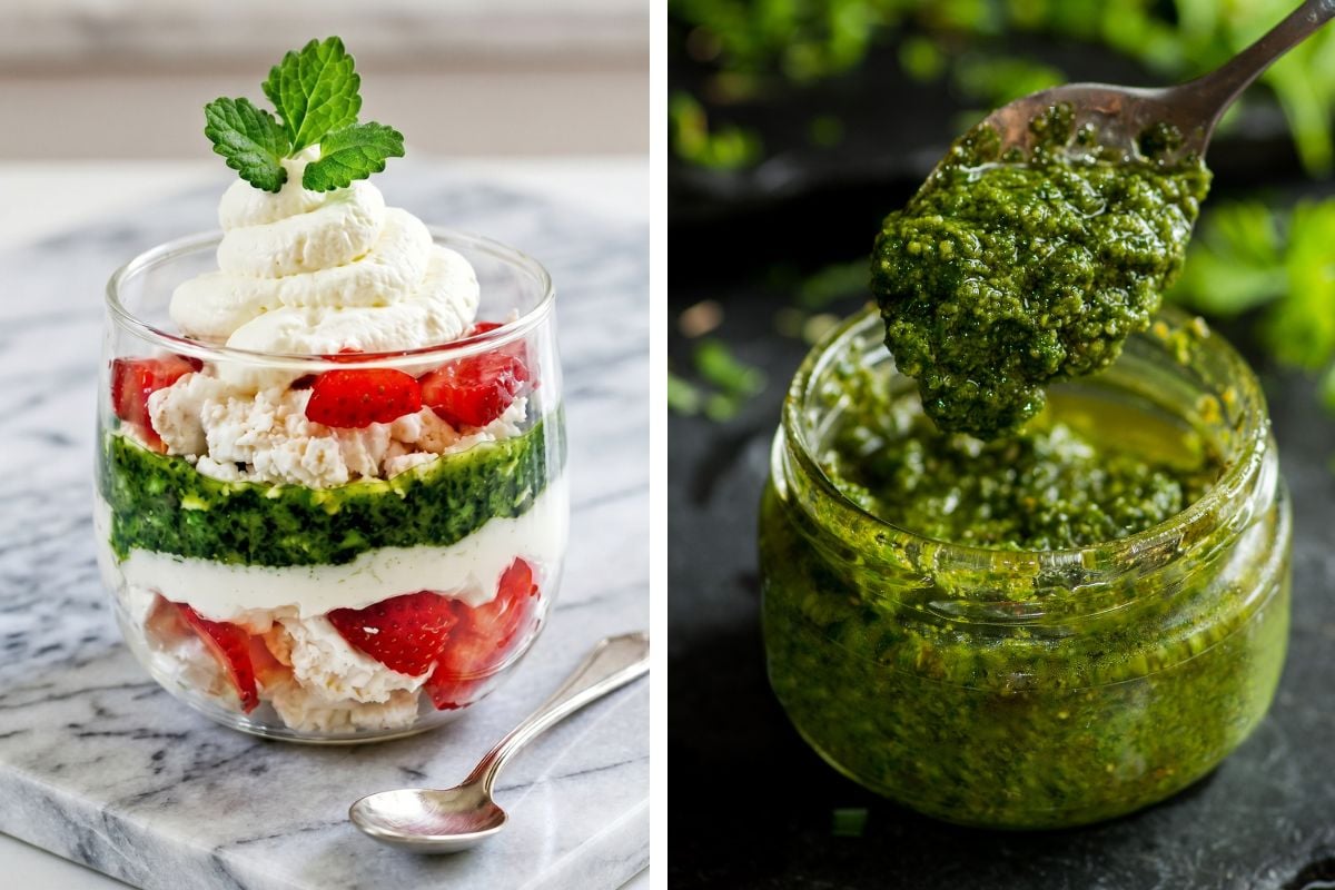 ein Glas Zitronenmelisse Pesto neben einem Glas mit Erdbeer Baiser Dessert mit süßem Pesto