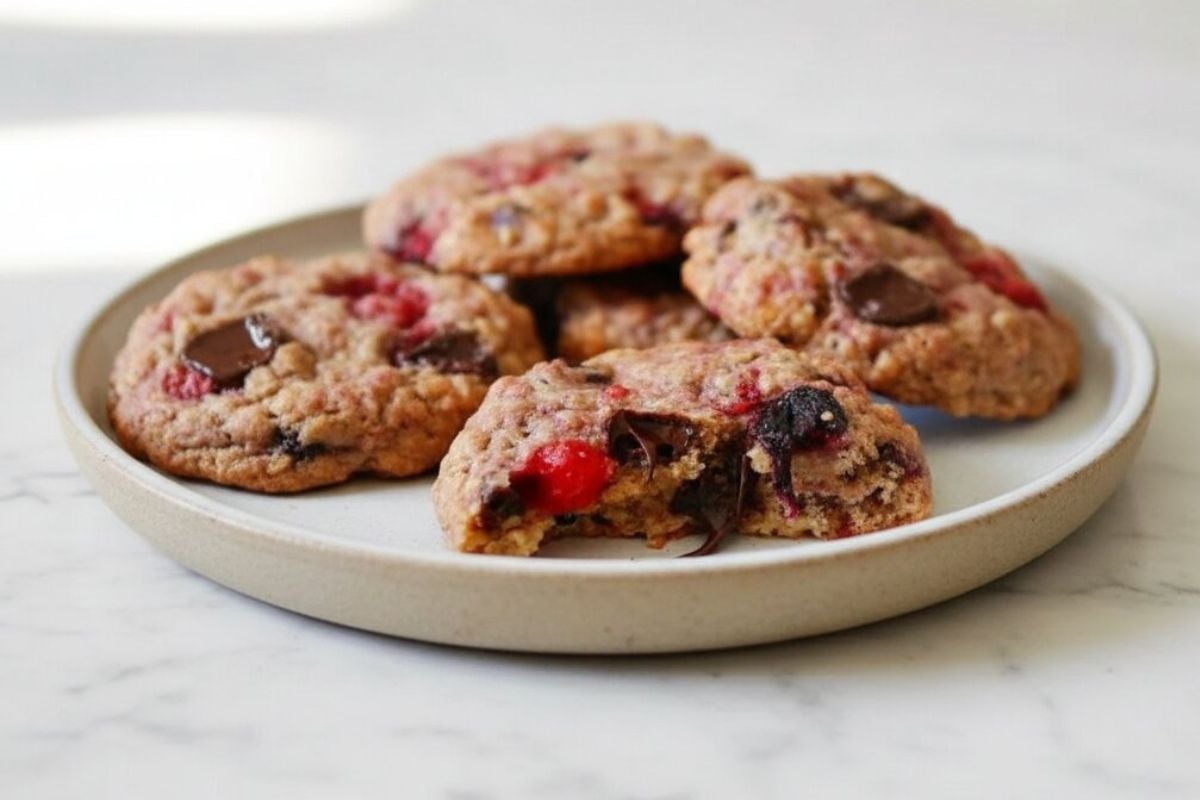 four brown butter oatmeal cookies with chocolate chips and raspberries 
