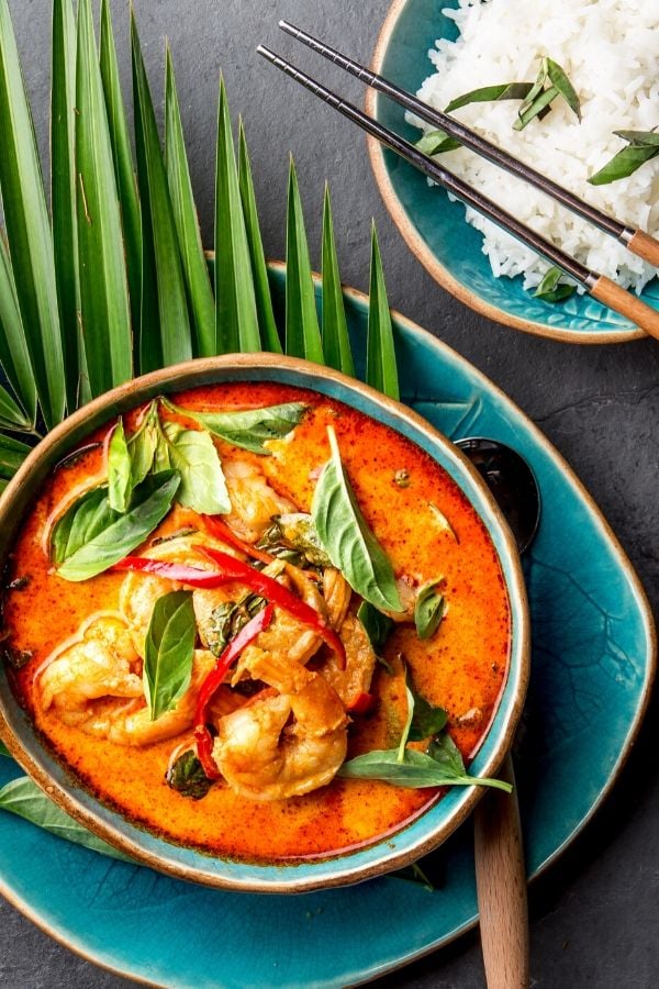 overhead shot of a serving of Brazilian Shrimp Stew with Coconut Milk served with rice