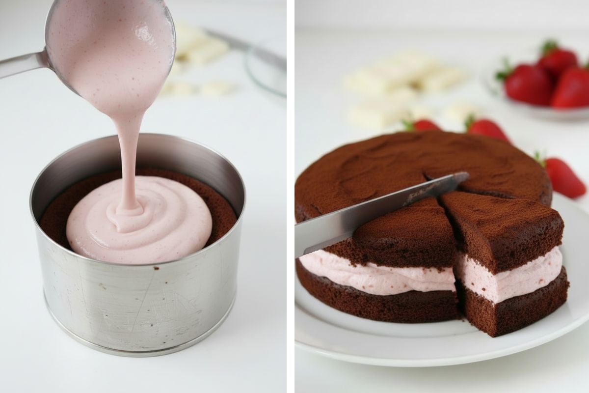 GAllerie die zeigt wie Erdbeer Creme auf den Schokoboden gegossen wird und wie die fertige erdbeer trüffel Torte angeschnitten wird