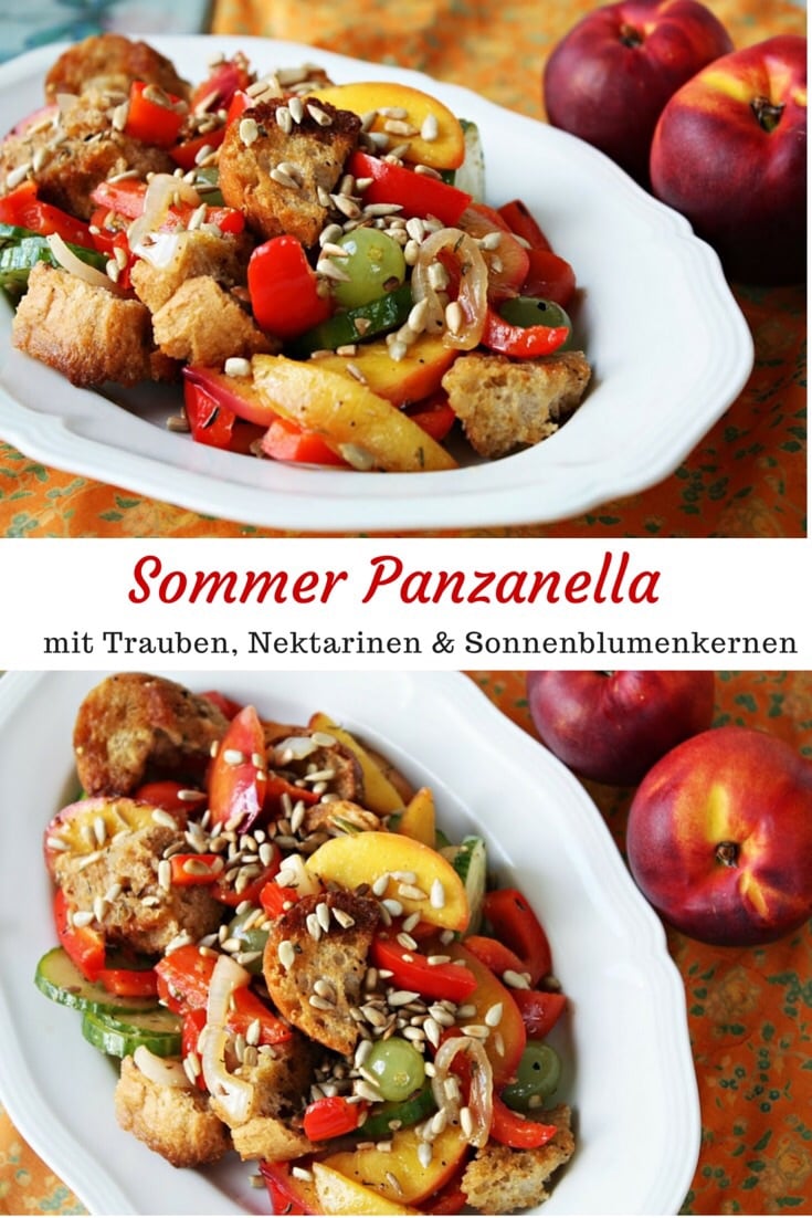 Sommer Panzanella mit Trauben Nektarinen und Sonnenblumenkernen