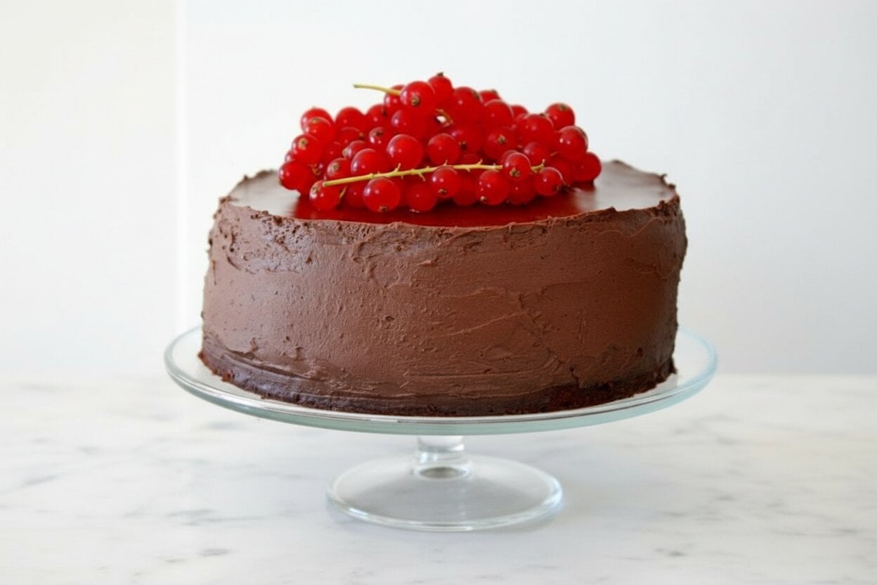 whisky chocolate layer cake covered with whisky ganache on a cake stand