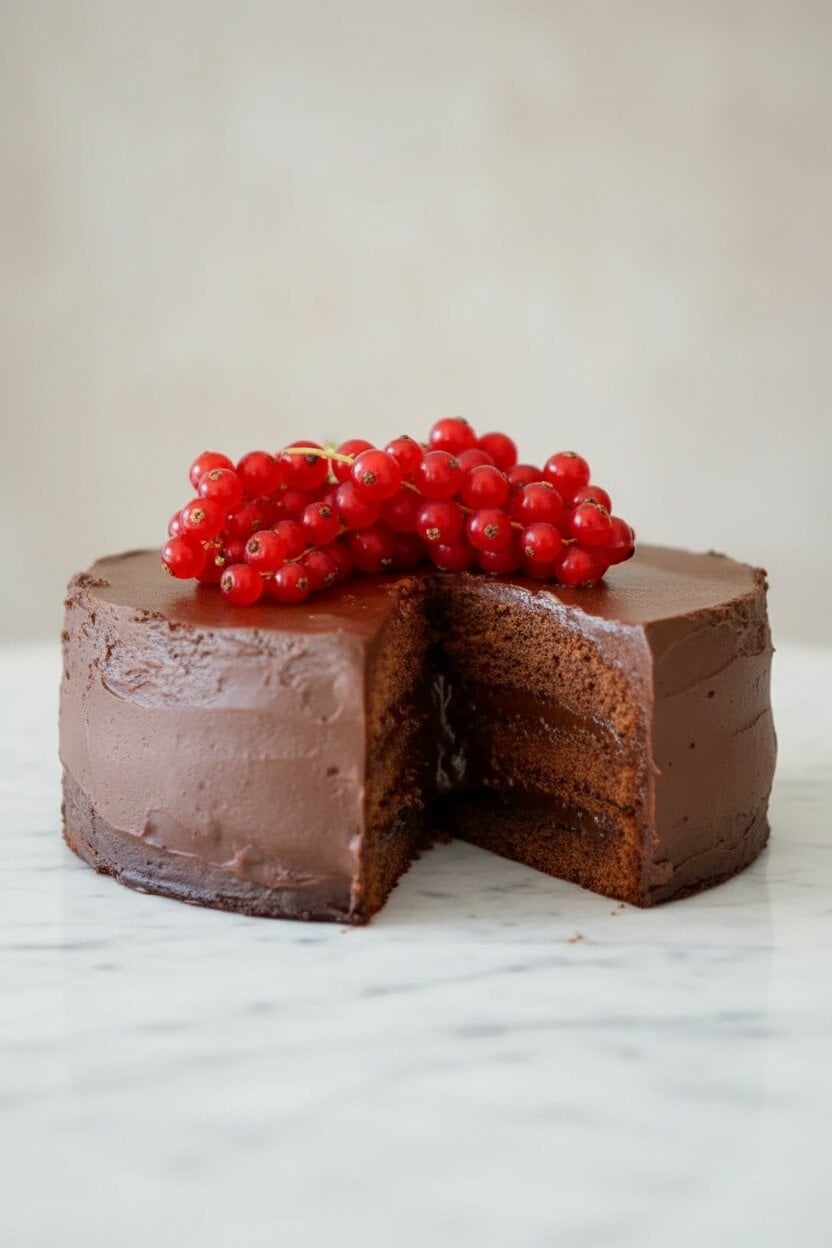 a whisky chocolate truffle cake on a cake stand with one piece removed topped with red currants