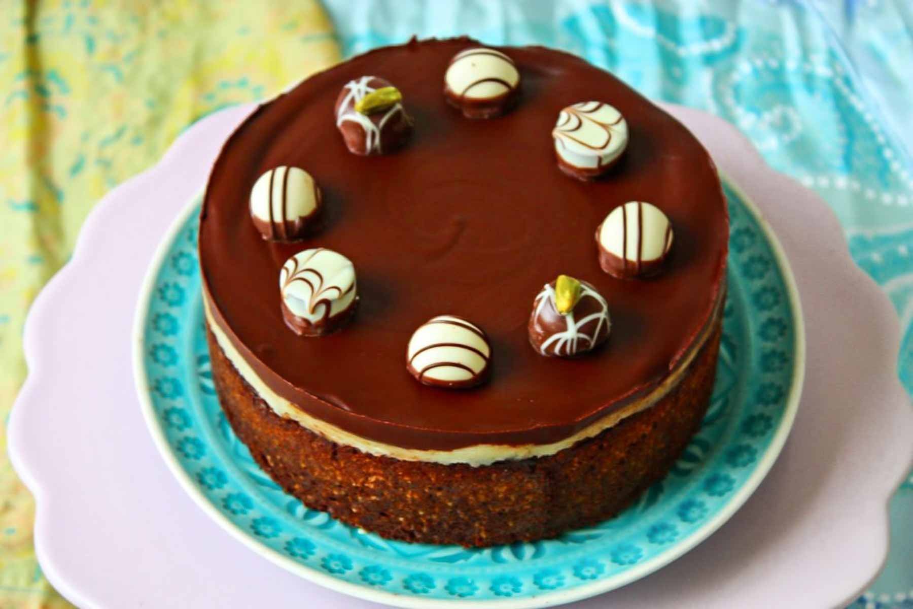 German Chocolate Marzipan Cake on a cake platter