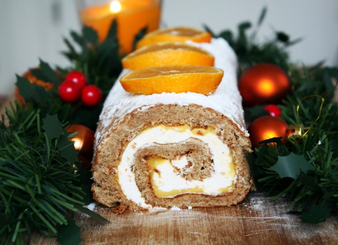 Gingerbread Cake Roll with Tangerine Curd and Vanilla Cream