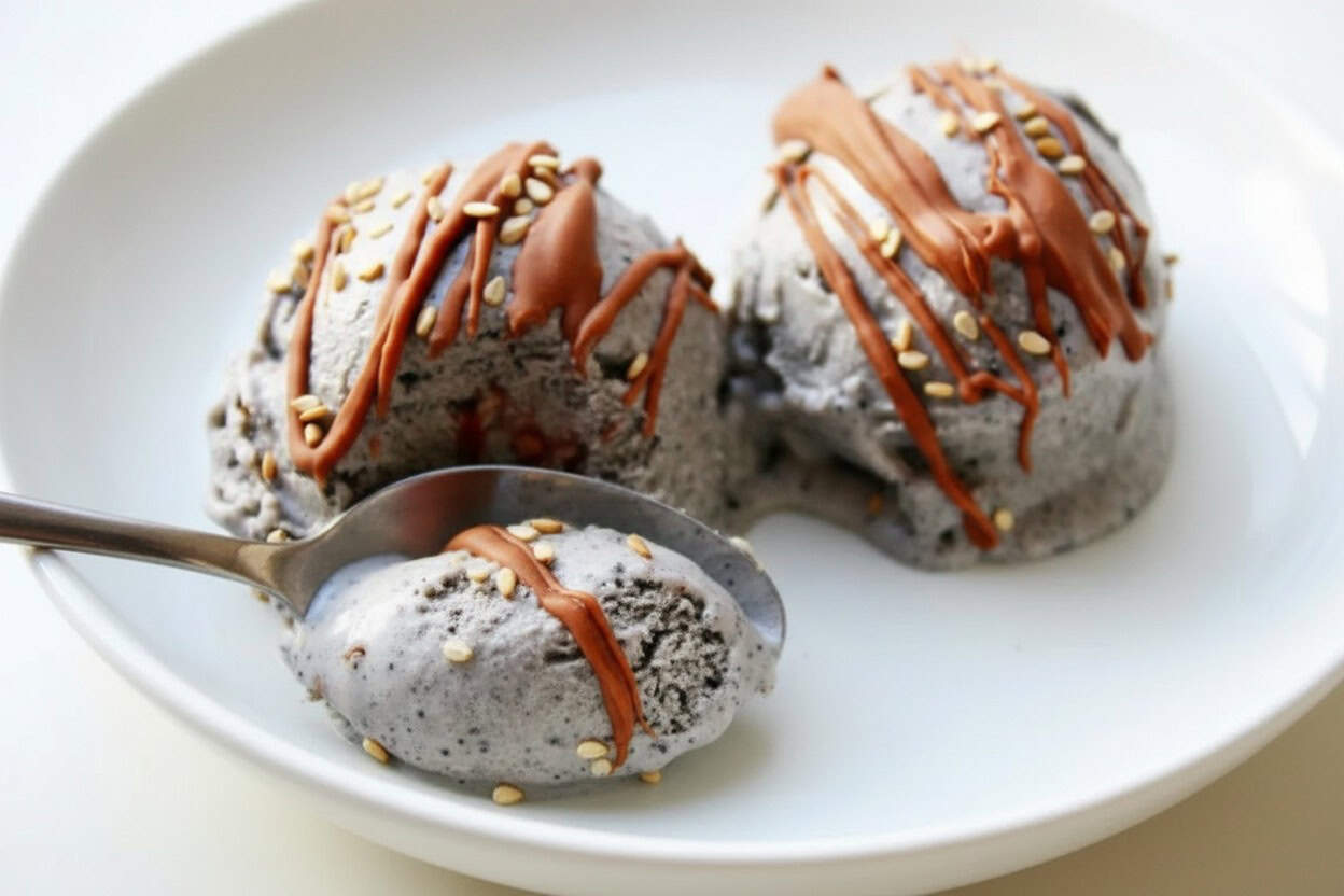 two scoops of black sesame ice cream on a white plate topped with milk chocolate