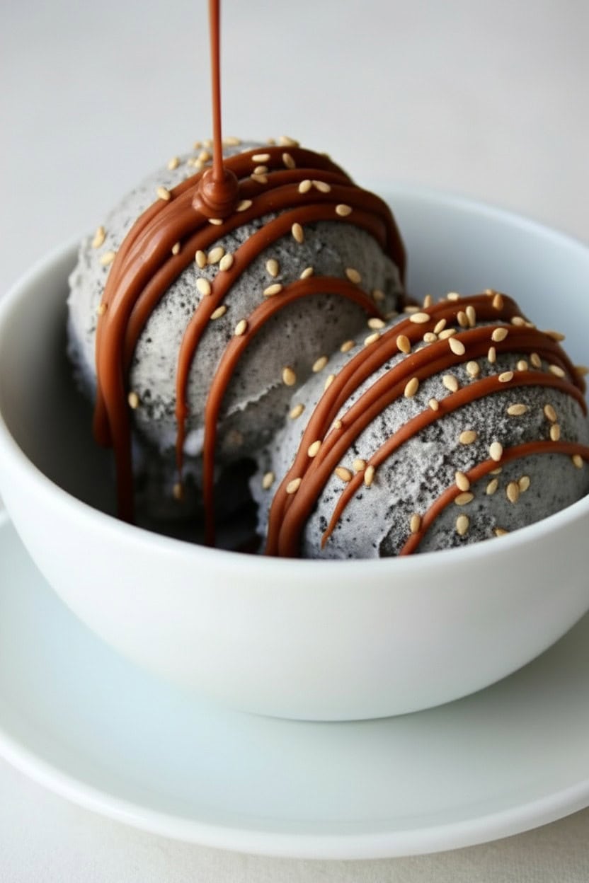 two scoops of black sesame ice cream in a white bowl 