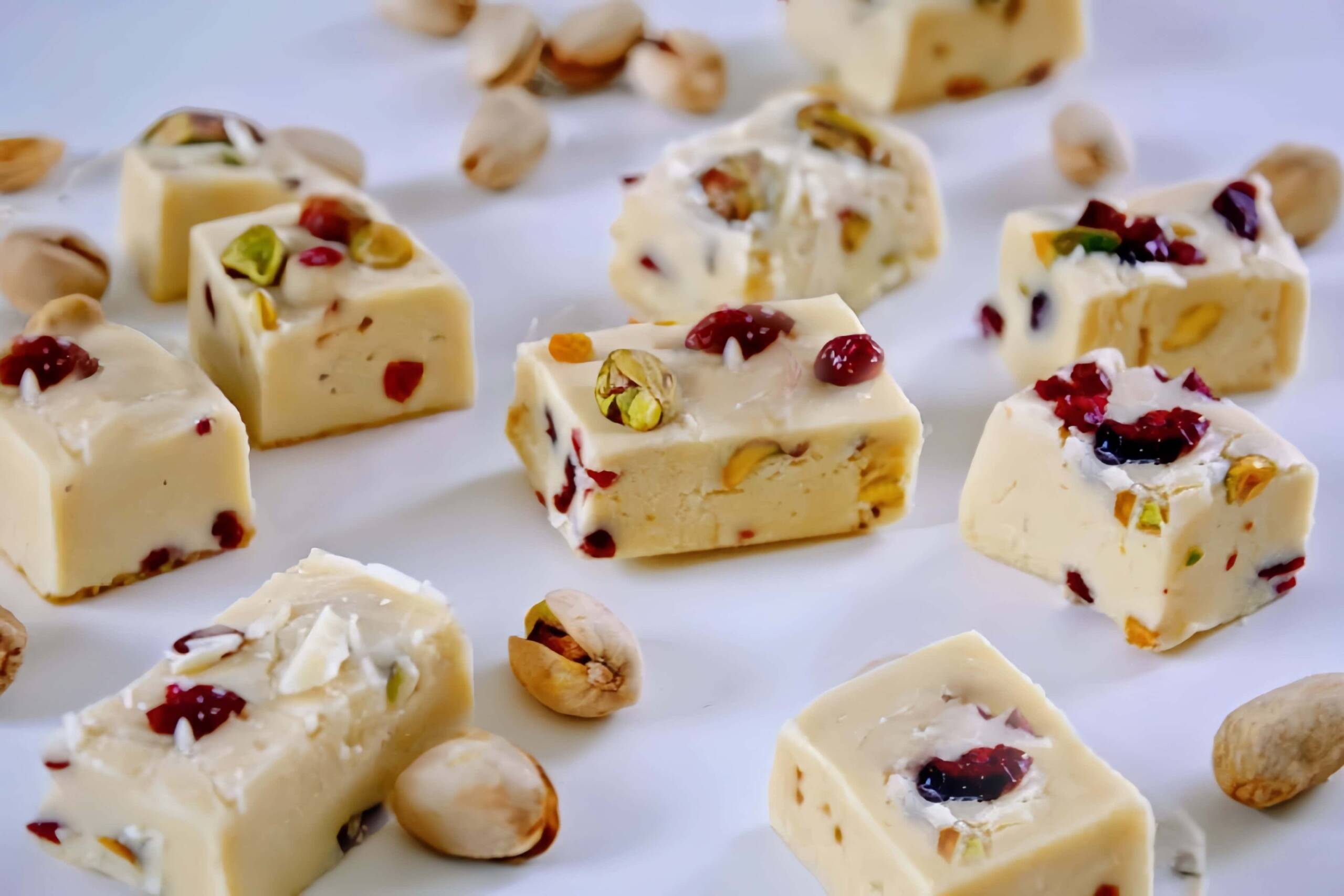 Eierlikör Fudge mit Cranberries und Pistazien