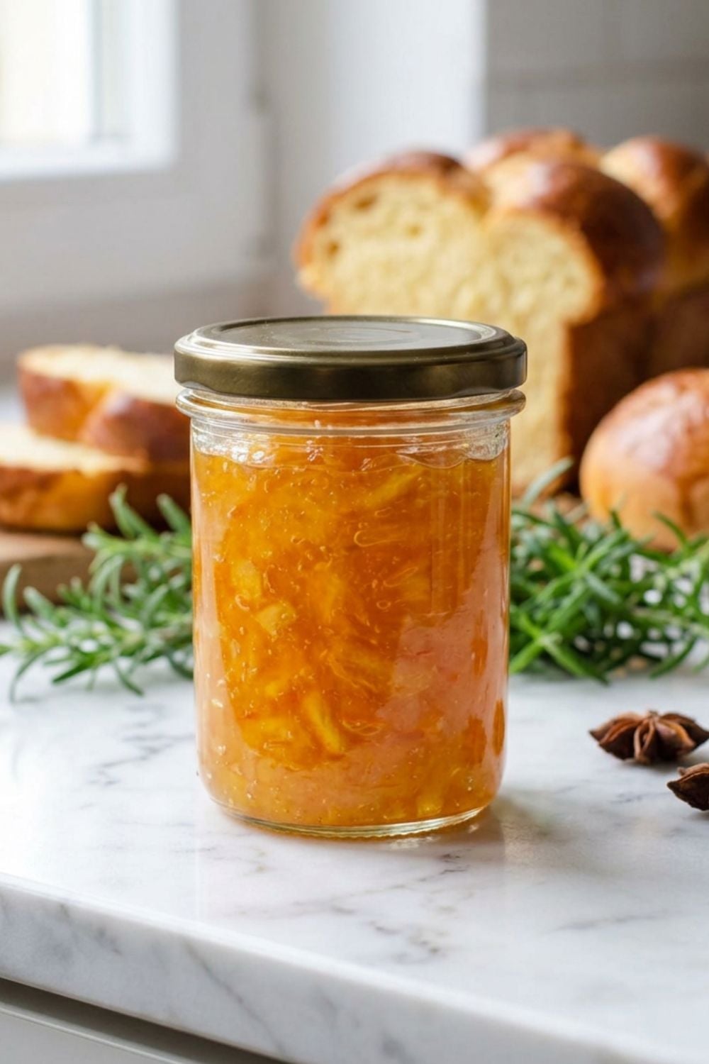 a jar or orange jam with rosemary on a marble countertop
