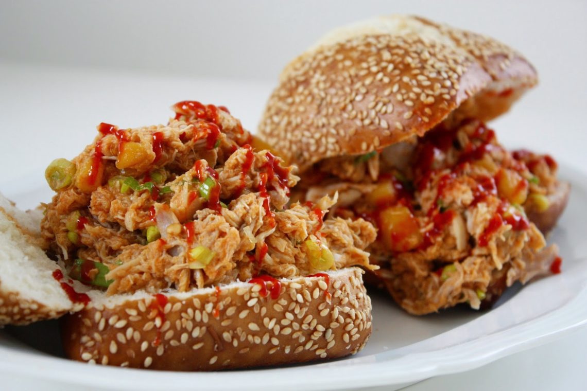 side view of a healthy mango and sriracha pulled chicken burger