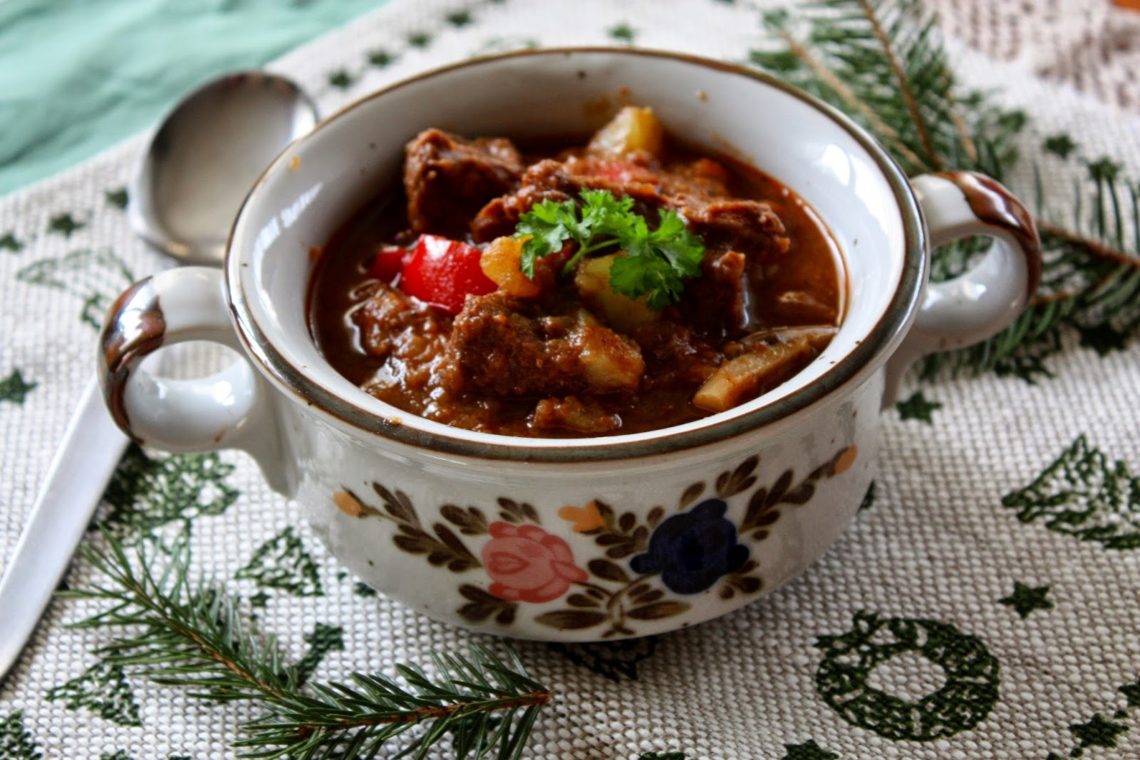 traditonal Viennese goulash with beef served in a rustic soup bowl