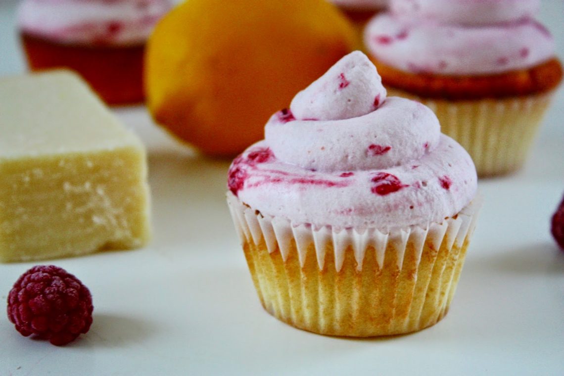 Lemon Sour Cream Parmesan Cupcakes with Raspberry Cream Frosting