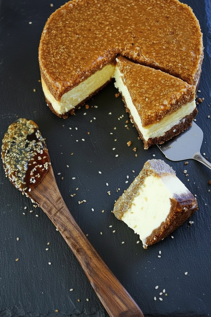 Tahini Cheesecake with Sesame Caramel with two slices cut 