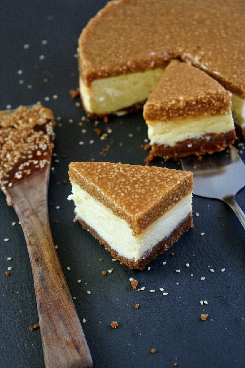 ein Stück Tahini Käsekuchen mit Sesam Karamell Topping auf einer schwarzen Schiefertafel 