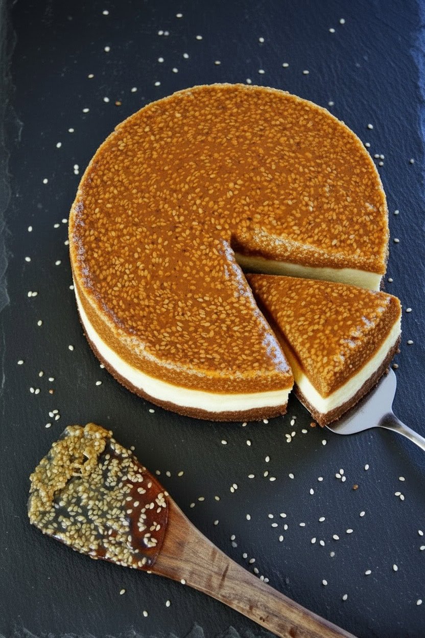 ein angeschnittener Sesam tahini karamell Käsekuchen auf schwarzem schieferuntergrund