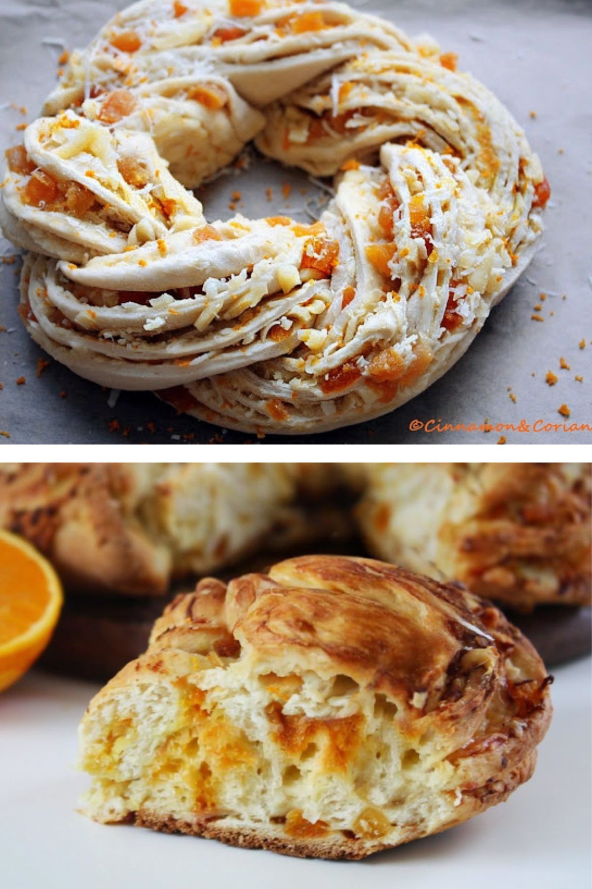 bilder collage von einem aprikosen orangen hefekranz einmal vor und einmal nach dem backen