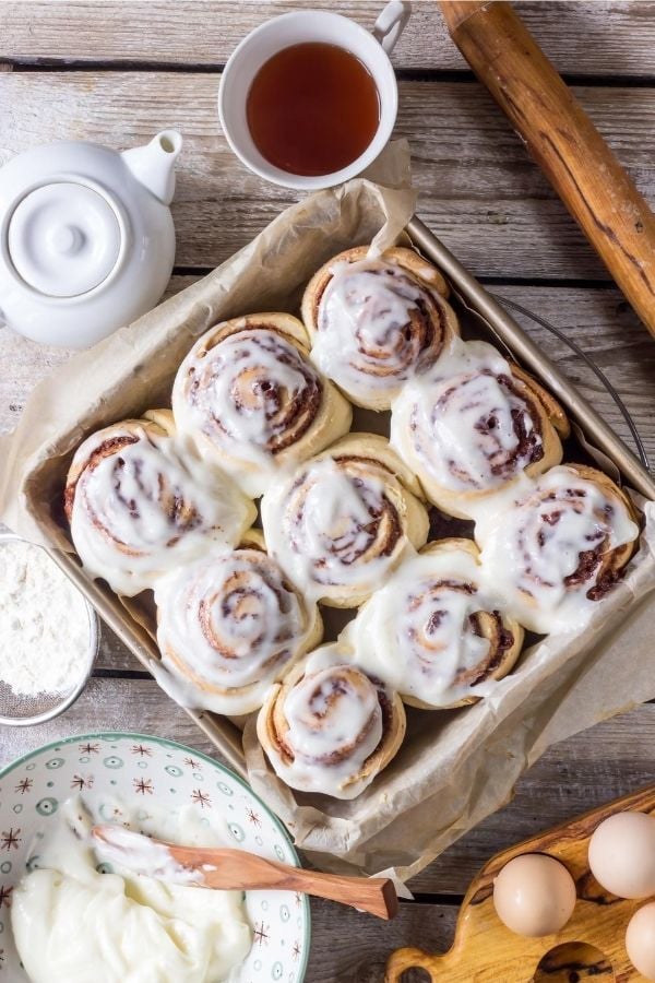 overhead shot of vegan banana cinnamon rolls