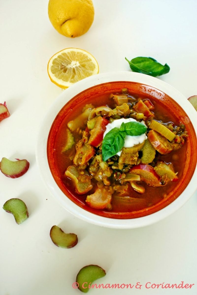 Indische Linsen Suppe mit Rhabarber und Joghurt 