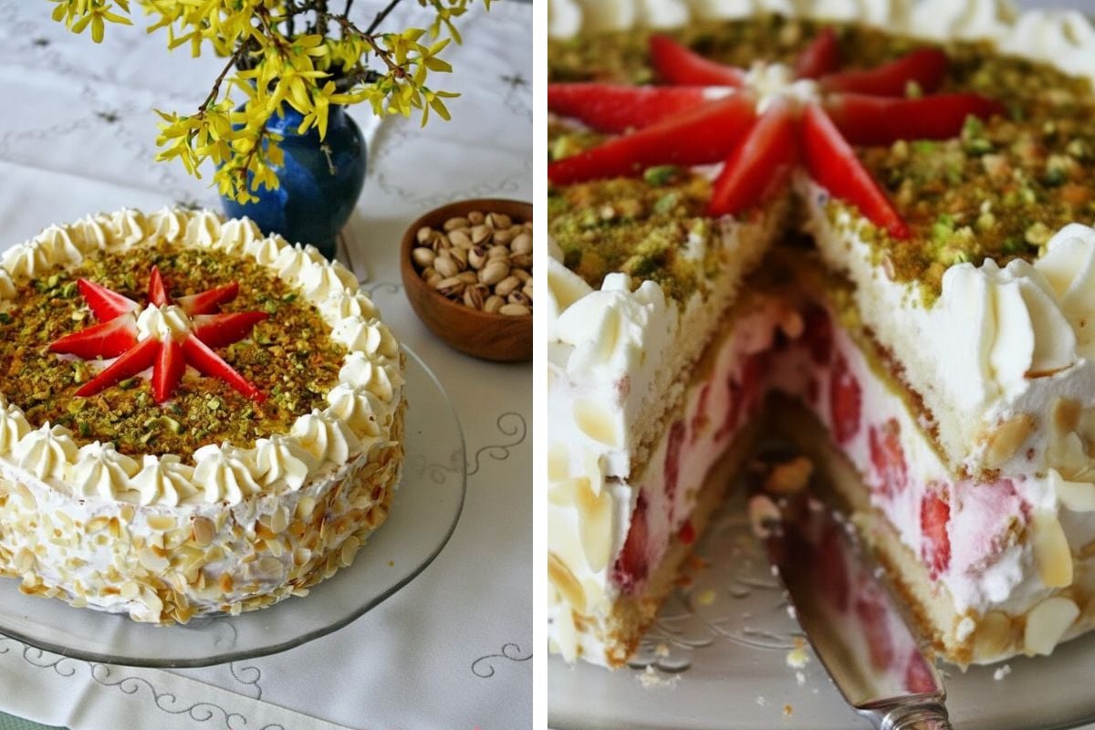 eine ganze Joghurt Erdbeer Pistazien Torte wird angeschnitten