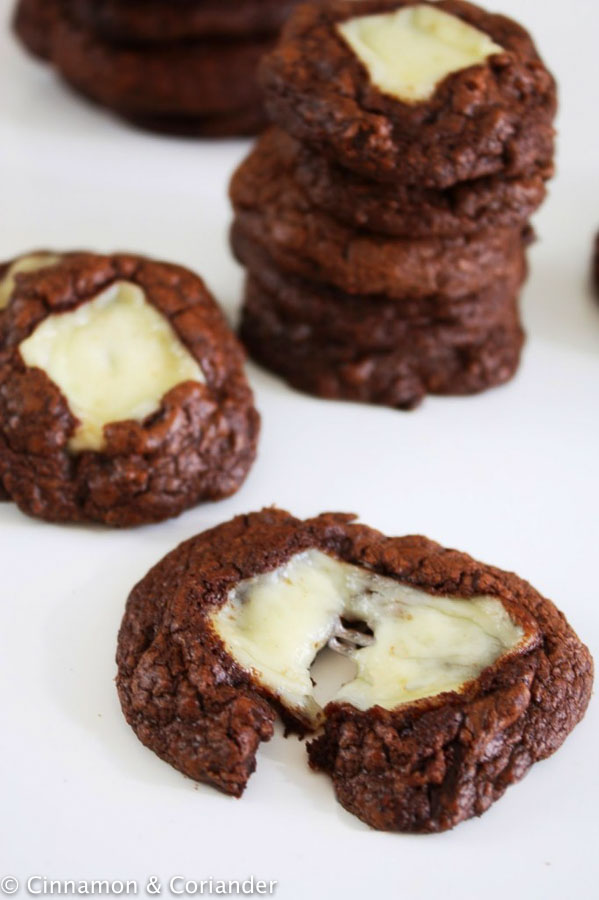 a homemade brownie cookie stuffed with gouda cheese