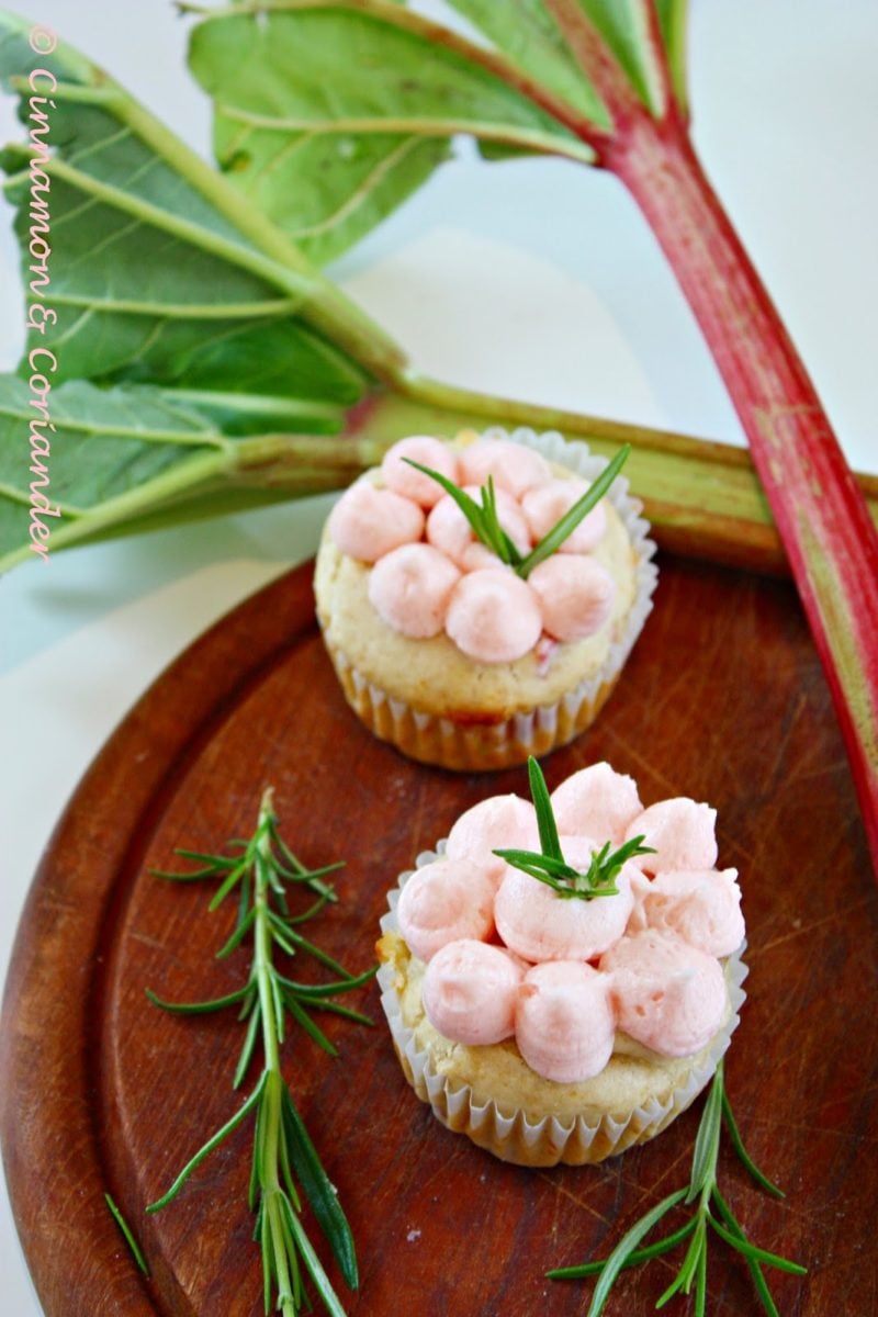 Rhubarb Cupcakes with white chocolate and Rosemary Buttercream Frosting