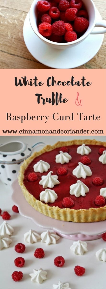 White Chocolate Truffle Tarte with Raspberry Curd and Meringue Kisses