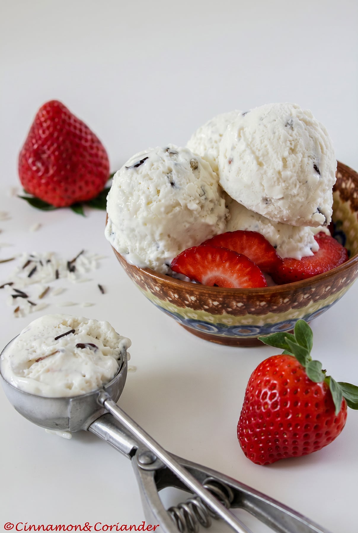 three scoops of toasted basmati rice ice cream