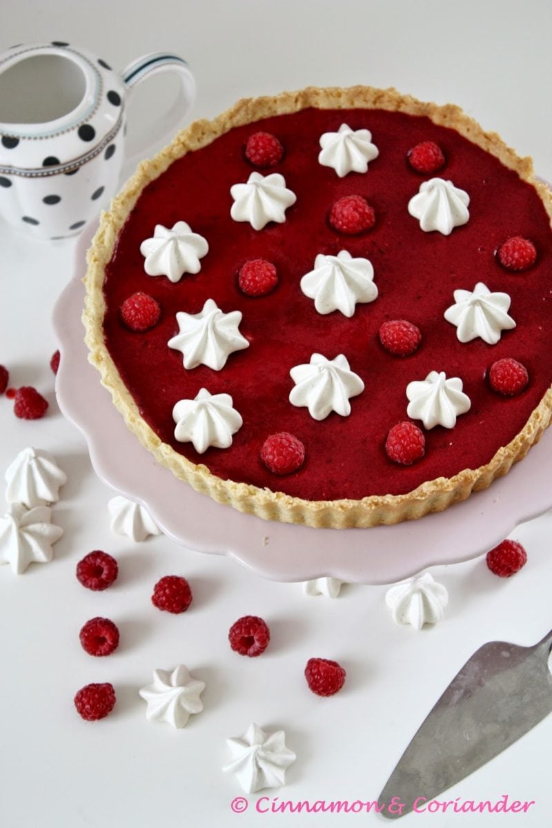 Raspberry Curd Tart with White Chocolate Ganache Filling and Mini Meringues