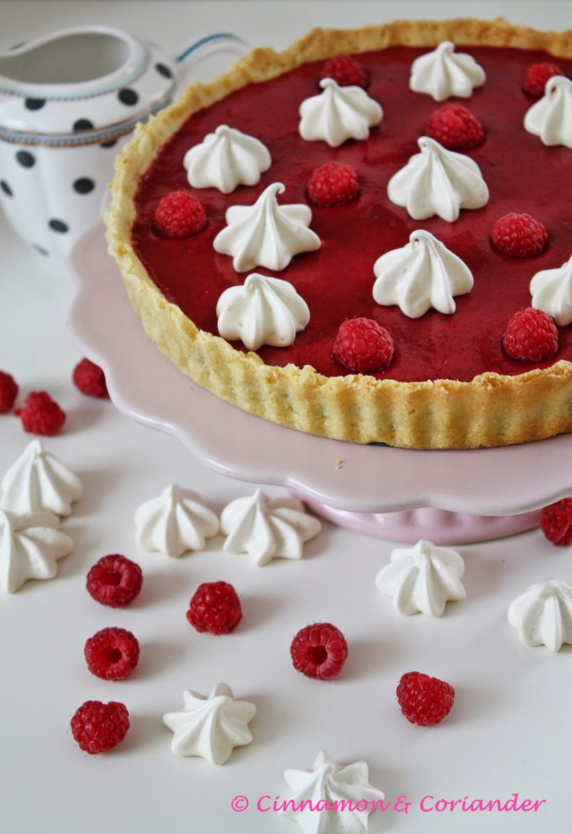 Raspberry Curd Tart with White Chocolate Truffle Filling and Mini Meringues