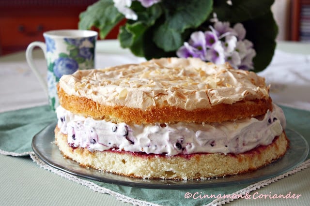 German Blueberry Meringue Cake (Blitz Torte) on a cake platter