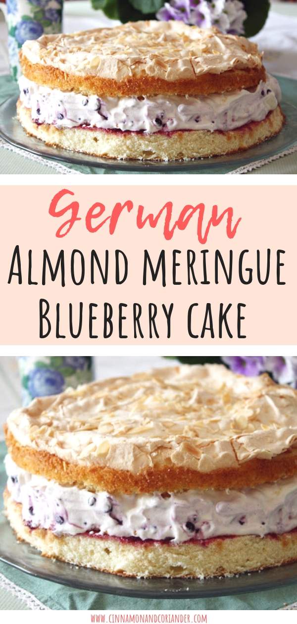 German Blueberry Meringue Cake - Blitz Torte Recipe| Vanilla scented whipped cream studded with wild blueberries, sandwiched between layers of almond meringue-topped yellow cake! This Canadian spin on the German Blitz Torte is one of my favourite easy cake recipes for spring and summer. #dessert #cakerecipes