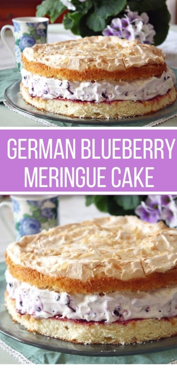German Blitz Torte | Blueberry Meringue Cake |Vanilla scented whipped cream studded with wild blueberries, sandwiched between layers of almond meringue-topped yellow cake! This Canadian spin on the traditional German Blitz Torte is one of my favorite cake recipes for spring and summer. #cakerecipes #dessert #germanrecipes #meringue
