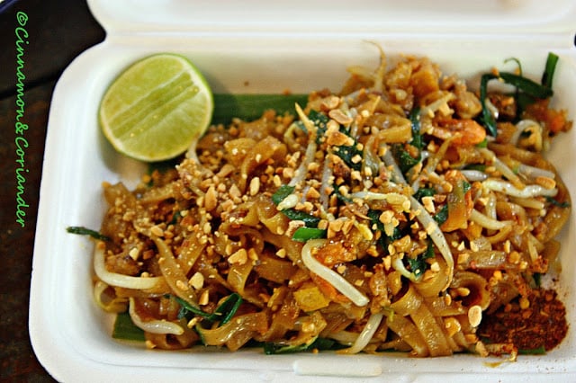 authentic homemade pad thai in a take-out container 