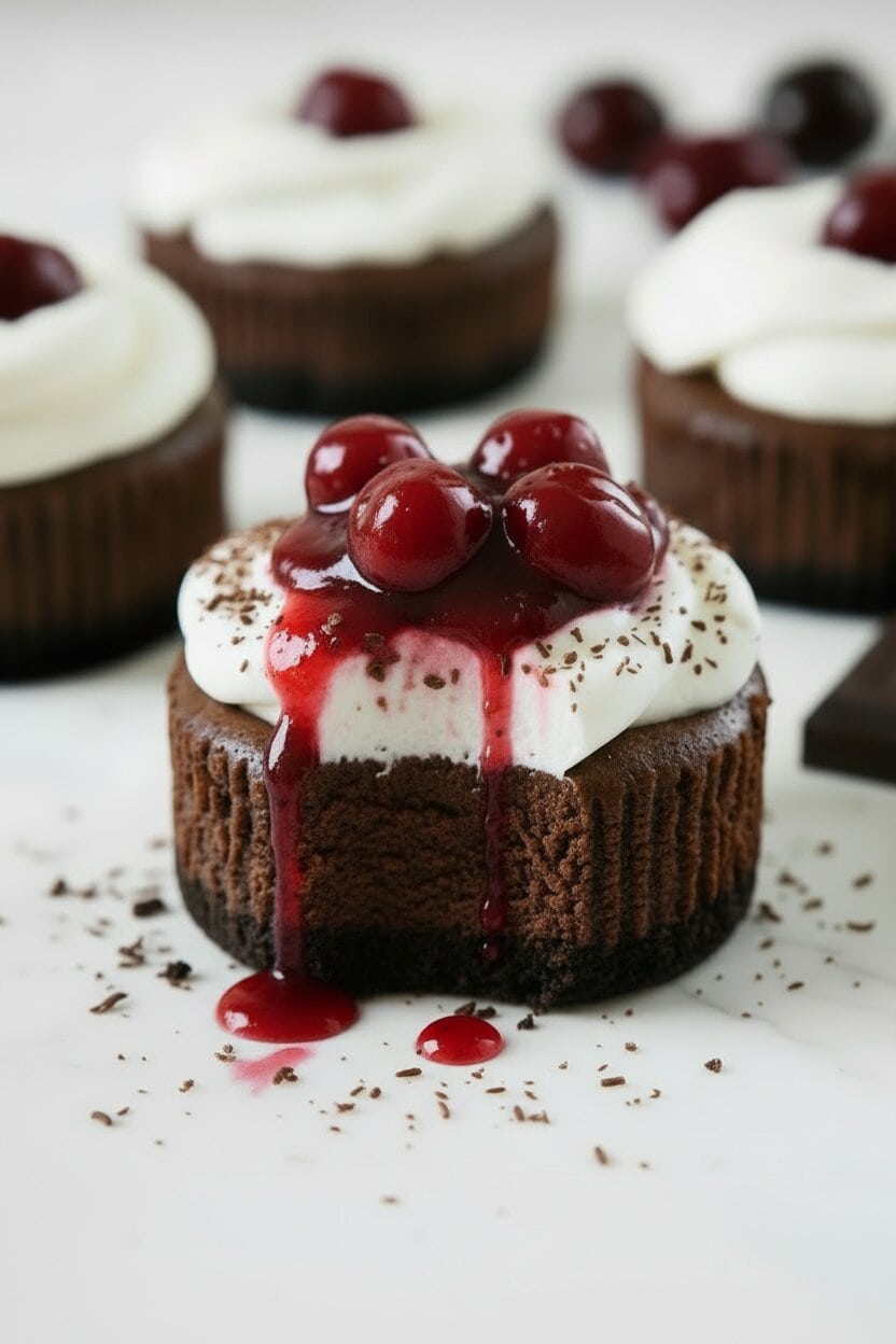 Black Forest Mini Cheesecake with one bite missing with cherry juice running down the sides