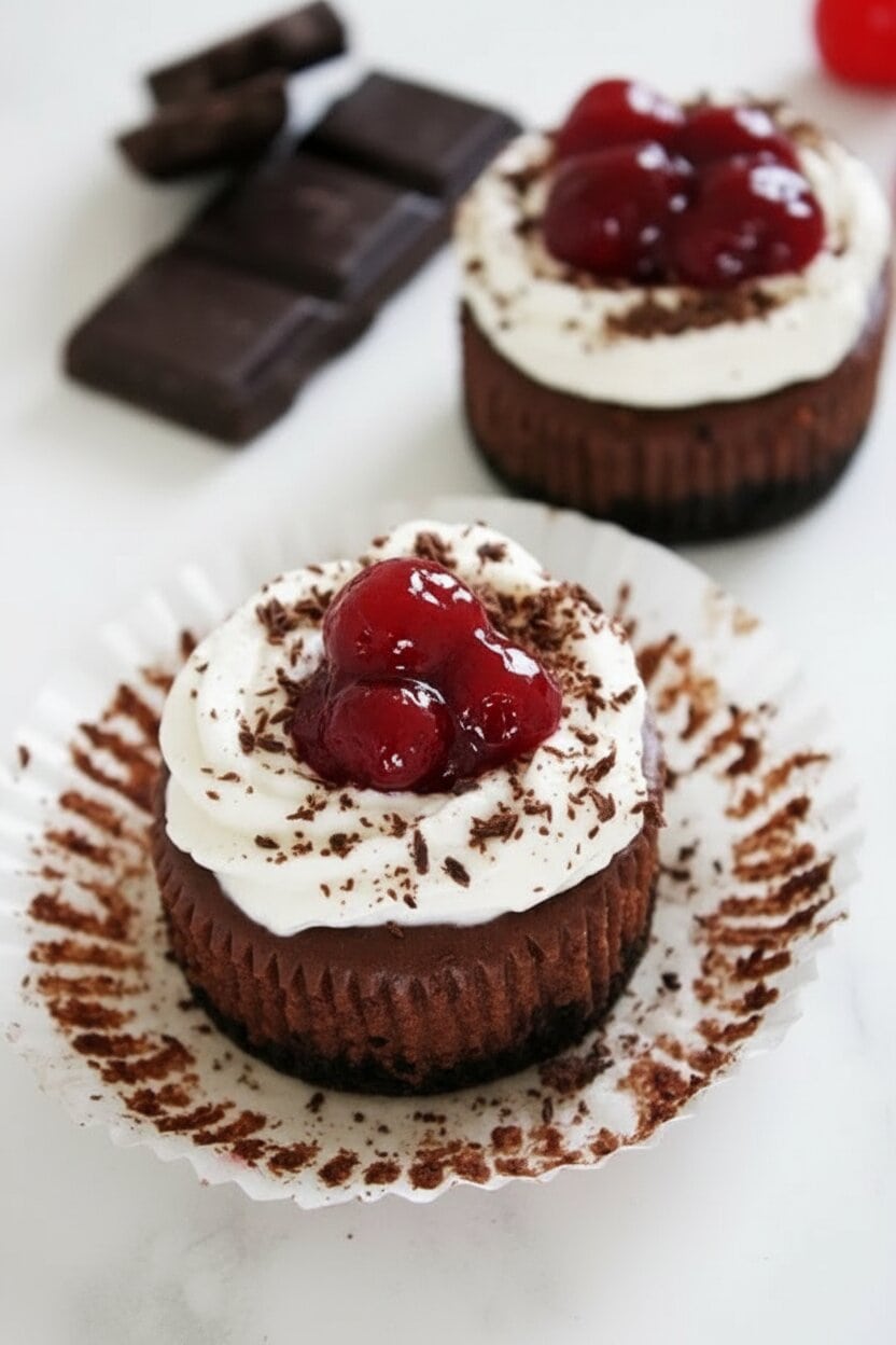overhead shot of a black forest mini cheesecake decorated whith kirsch whipped cream. and chocolate shavings 