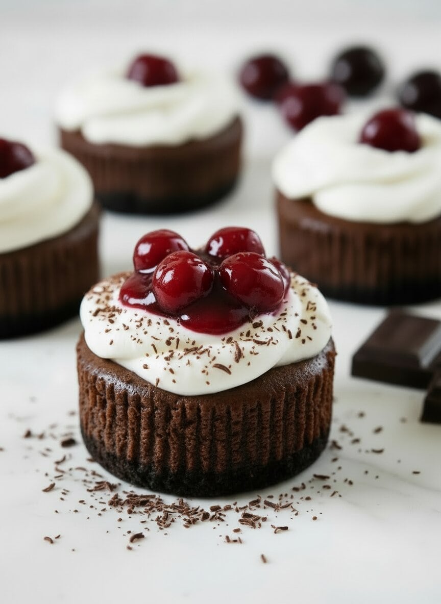 side view of black forest mini cheesecake cupcakes with whipped cream and cherries