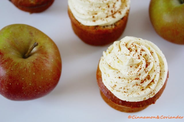 overhead shot of German Apple Strudel Cupcakes with German Buttercream Topping and sprinkled with cinnamon