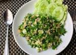 chicken larb salad on a white plate