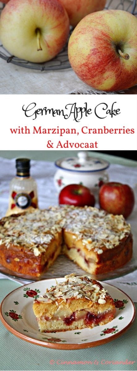 German Apple Cake with Marzipan, Cranberries and Advocaat | An easy German Apple Cake recipe for all seasons | www.cinnamonandcoriander.com | #German, #apple, #cake, #easy, #traditional, #marzipan, #fall, #winter,
